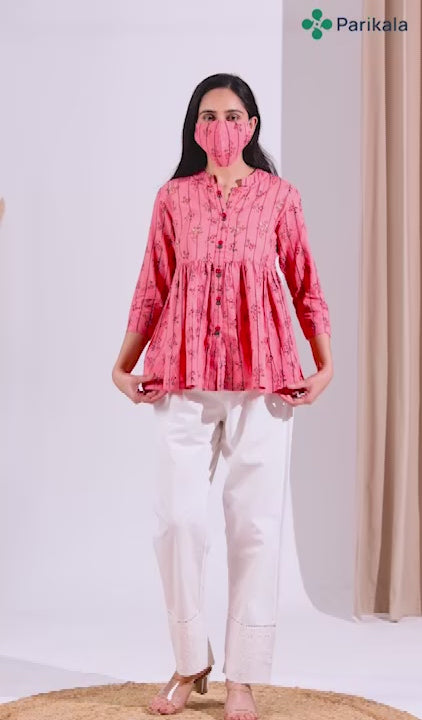 Women's Pink Floral Printed Peplum Top with Embroidery at Yoke Pure Cotton